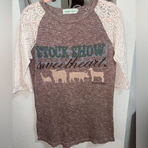 Southern Grace Brown and Cream Lace Sleeve Blouse